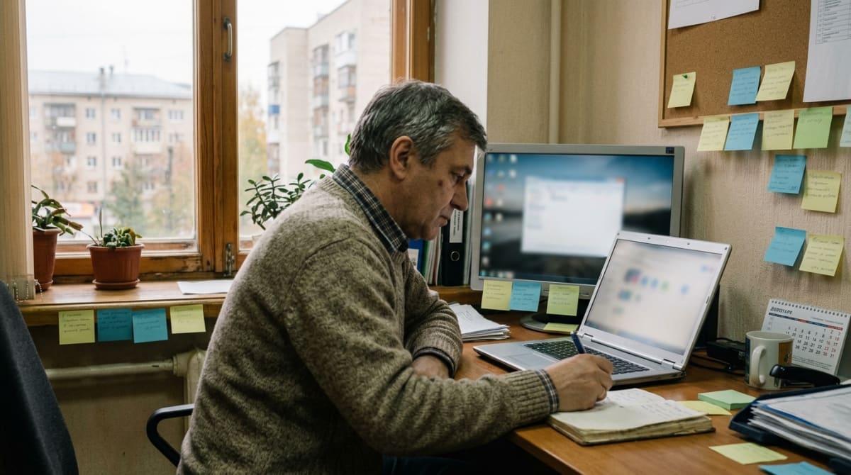 Собственник небольшой компании работает за ноутбуком в рабочем кабинете, на экране несколько открытых окон сервисов