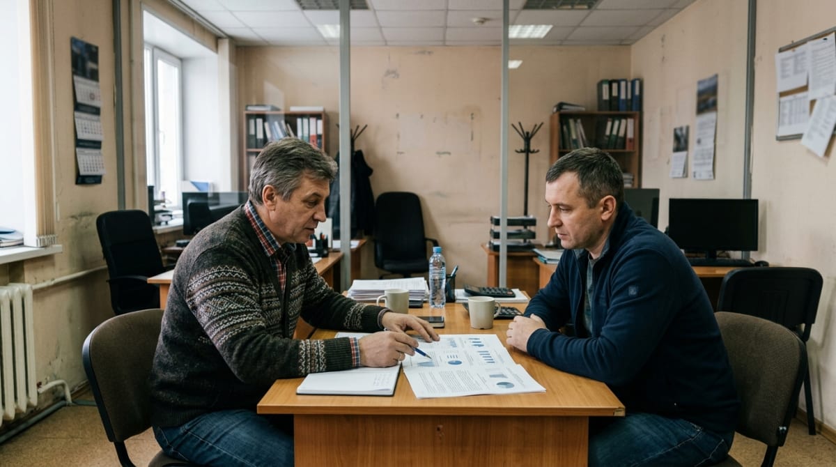 Собственник бизнеса и подрядчик обсуждают распечатанный отчет в переговорной