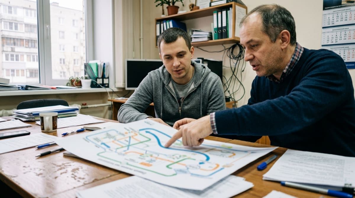 Двое обсуждают распечатанную схему бизнес-процесса за столом переговорной