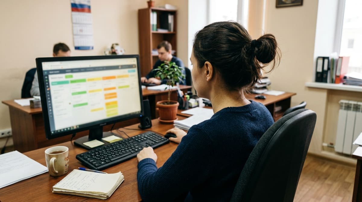 Сотрудник за компьютером смотрит на экран с воронкой сделок в CRM