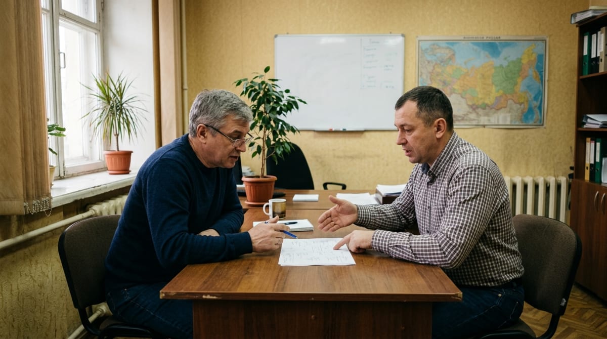 Собственник и руководитель отдела обсуждают распечатку за столом - момент выбора формы описания процесса